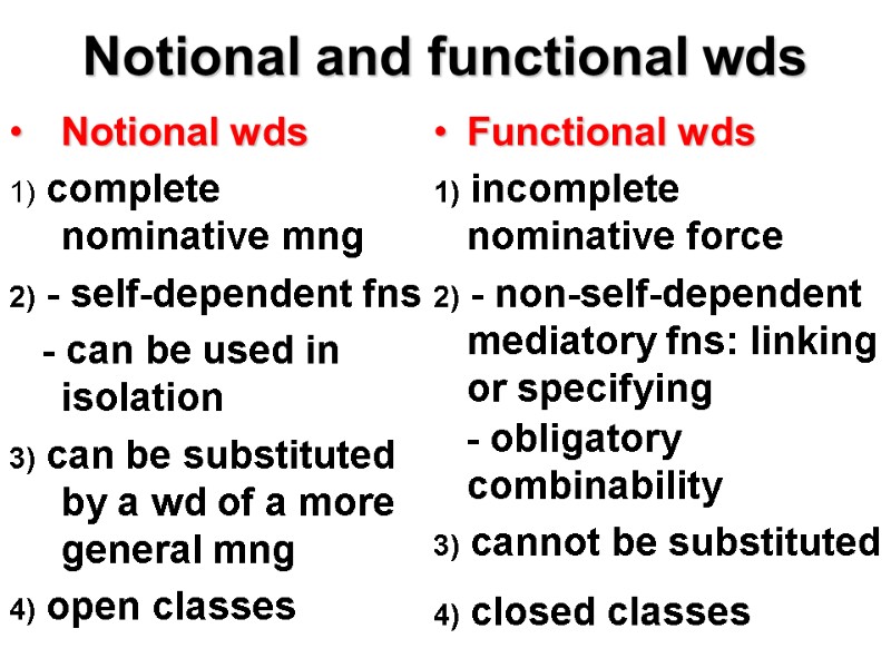 Notional and functional wds Notional wds 1) complete nominative mng 2) - self-dependent fns